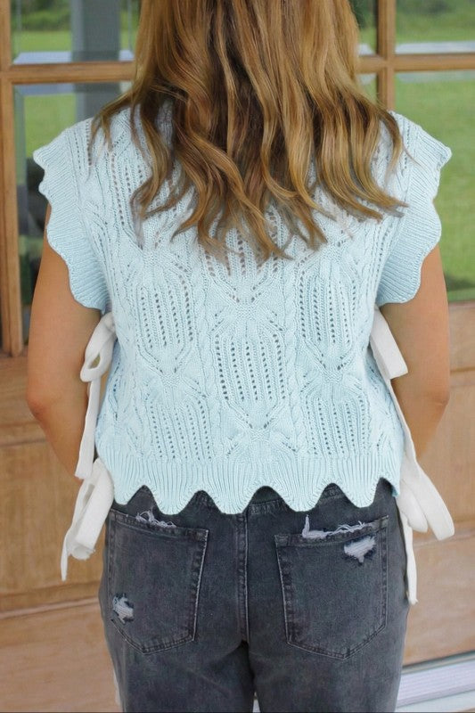 Pointelle Knit Scallop Trim Short Sleeve Sweater