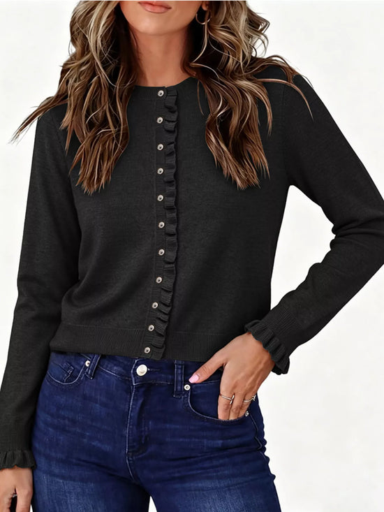 Ruffle-Trimmed Button-Down Knit Cardigan