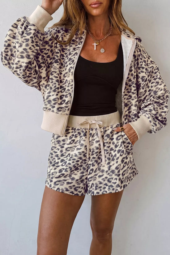 Leopard Print Zip-Up Hoodie and Shorts Set