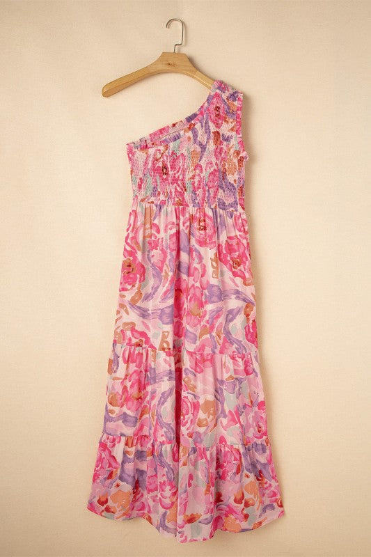Abstract Floral One-Shoulder Shirred Maxi Dress