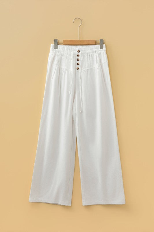 Solid Buttoned Waist Pleated Wide Leg Pants