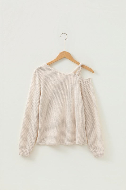 Textured Knit Asymmetric Shoulder Long Sleeve Top