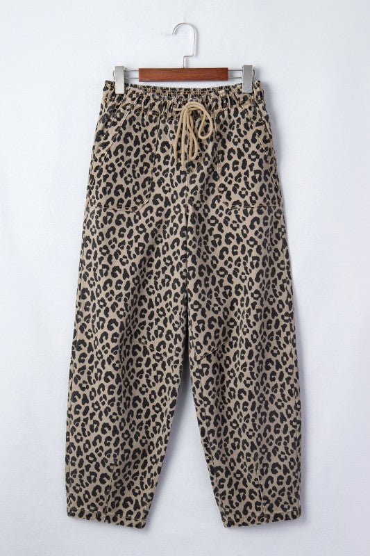 Leopard Denim Drawstring Elastic Waist Loose Pants