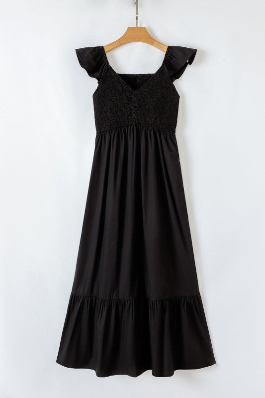 Solid V-Neck Flutter Sleeve Ruffle Maxi Dress