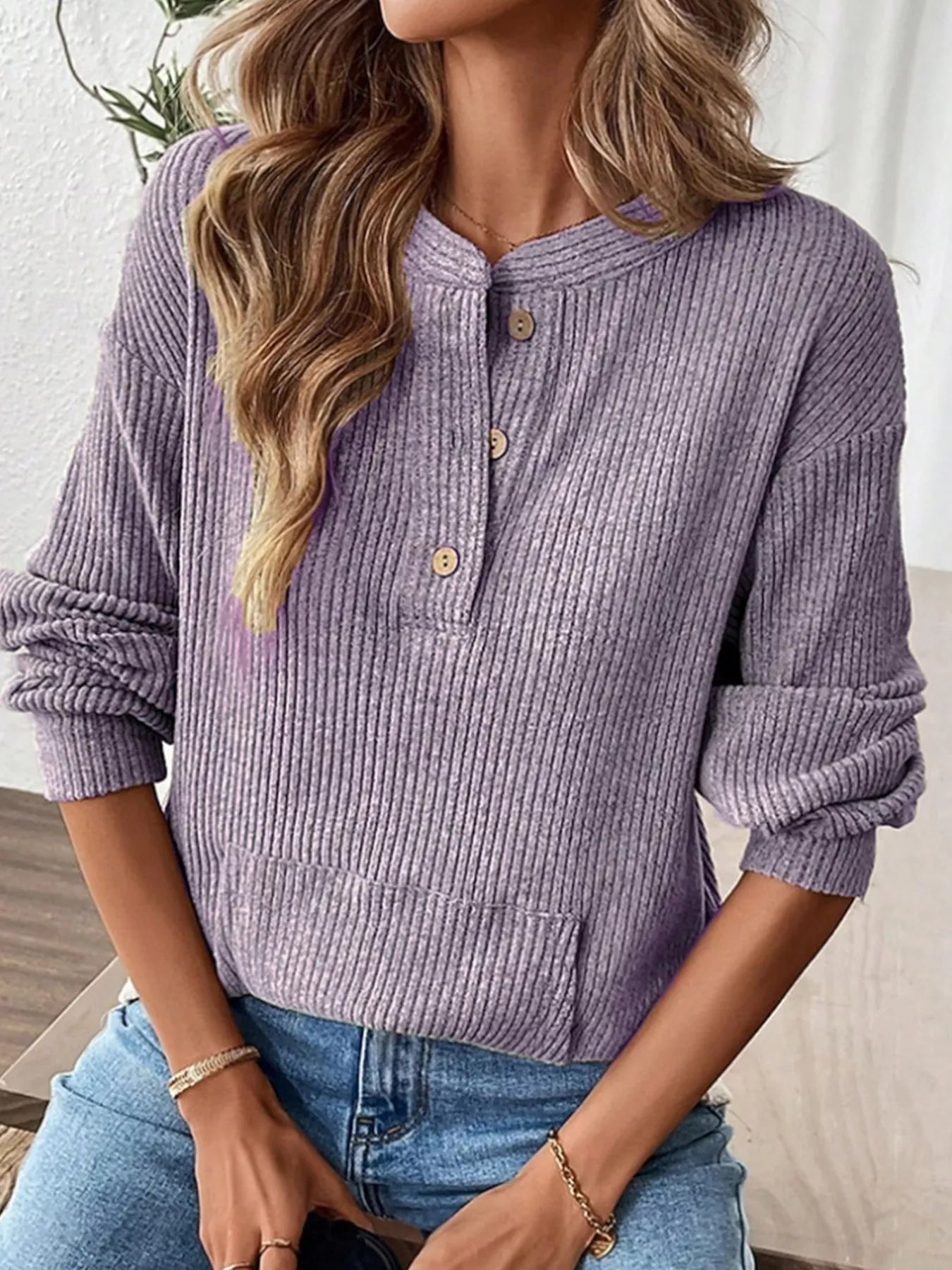 Ribbed Button Detail Long Sleeve T-Shirt