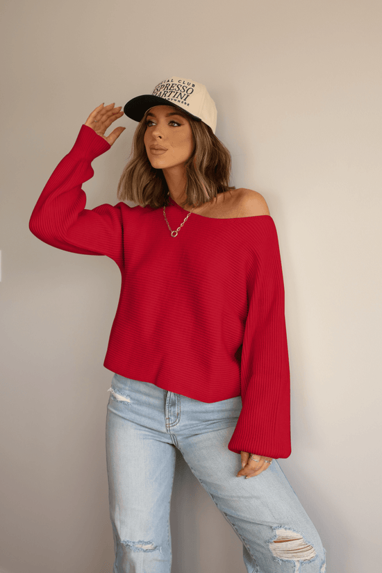 Avery Ribbed Boat Neck Sweater - Red - FINAL SALE