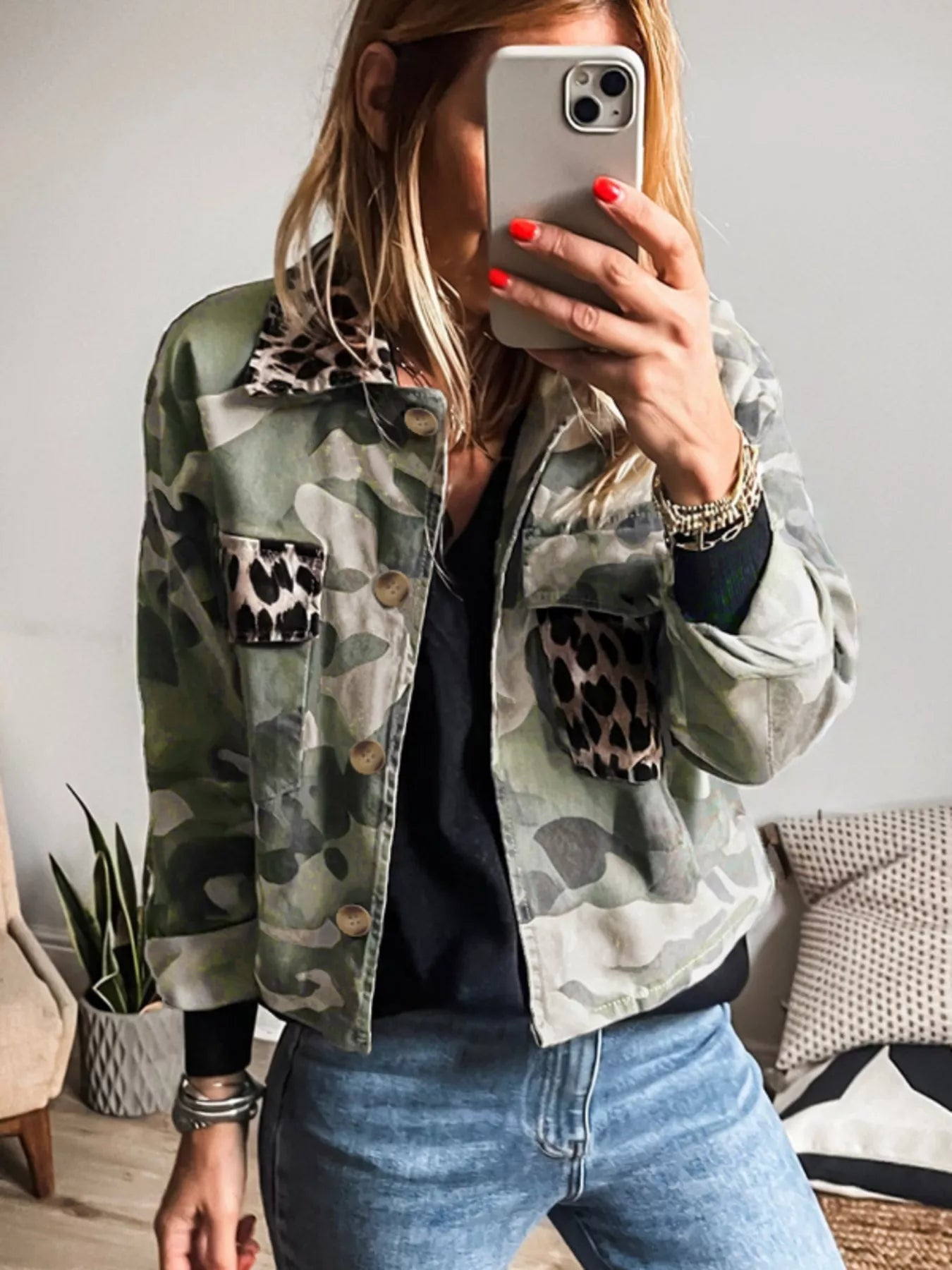 Camo Print Leopard Trim Button Up Jacket