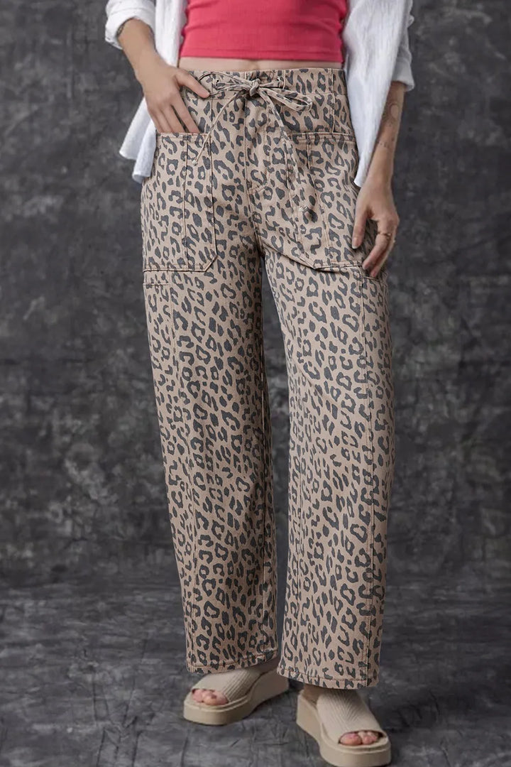 Leopard Printed Drawstring Waist Pocketed Wide Leg Jeans