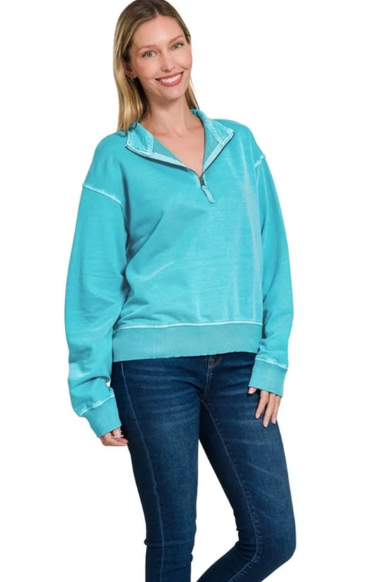 Zenana F/terry Pigment Dye & Enzyme Washing Half Zip Womens Top