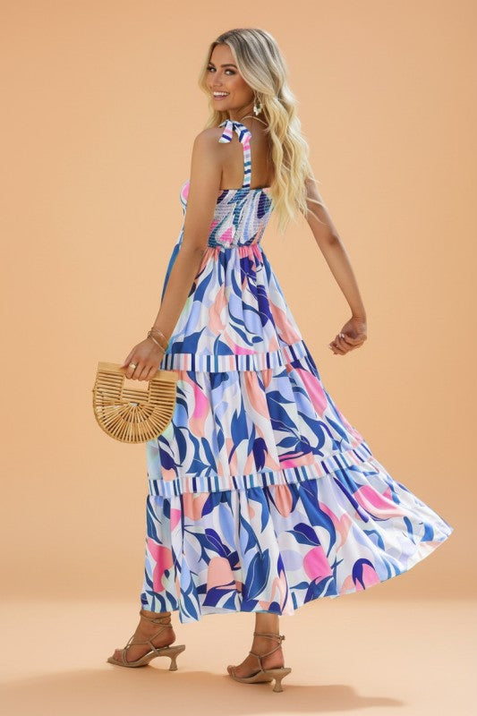 Abstract Stripe Patchwork Tie Strap Maxi Dress