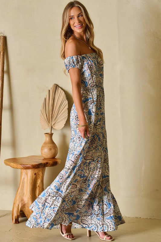 Boho Paisley Off-Shoulder Maxi Dress