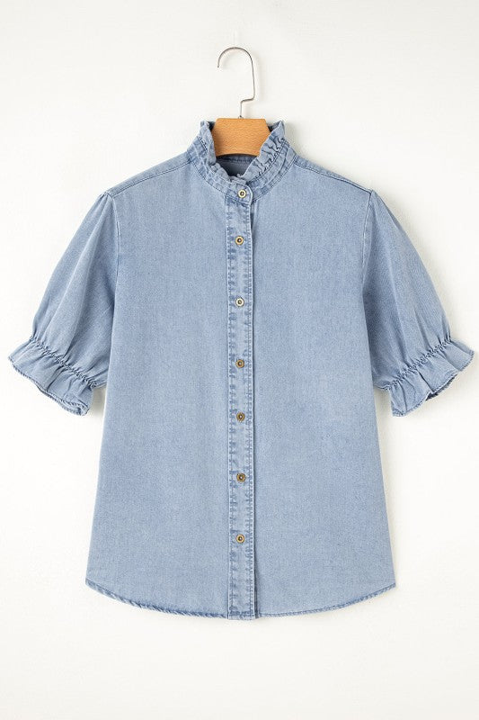 Chambray Ruffle Short Puff Sleeve Buttoned Shirt