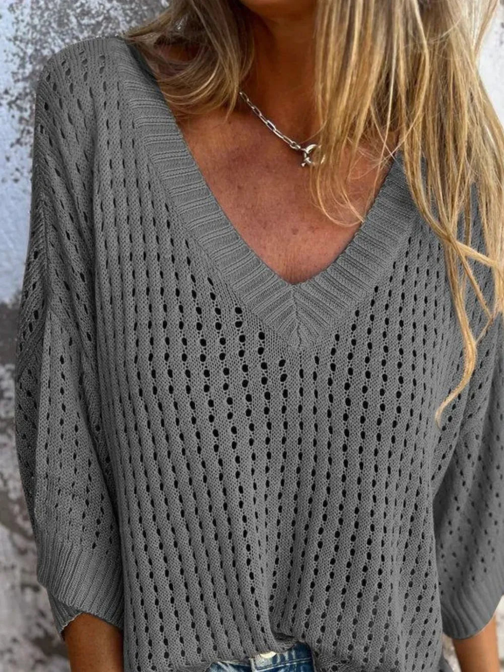 Full Size Openwork V-Neck Knit Cover Up Plus Size