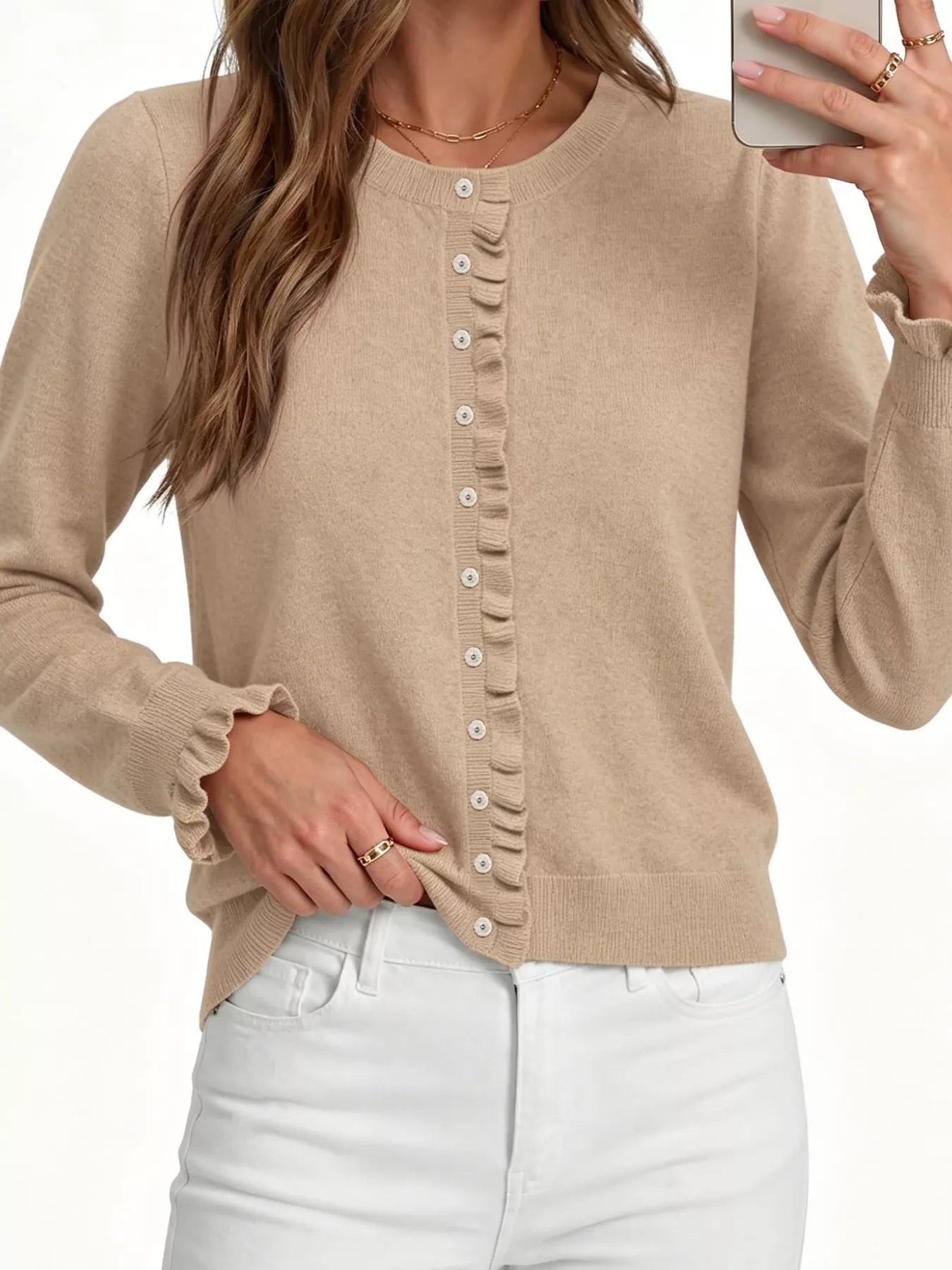 Ruffle-Trimmed Button-Down Knit Cardigan
