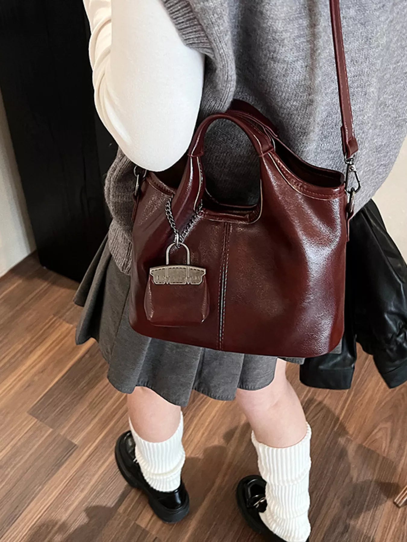 Leather Crossbody Bag with Charm
