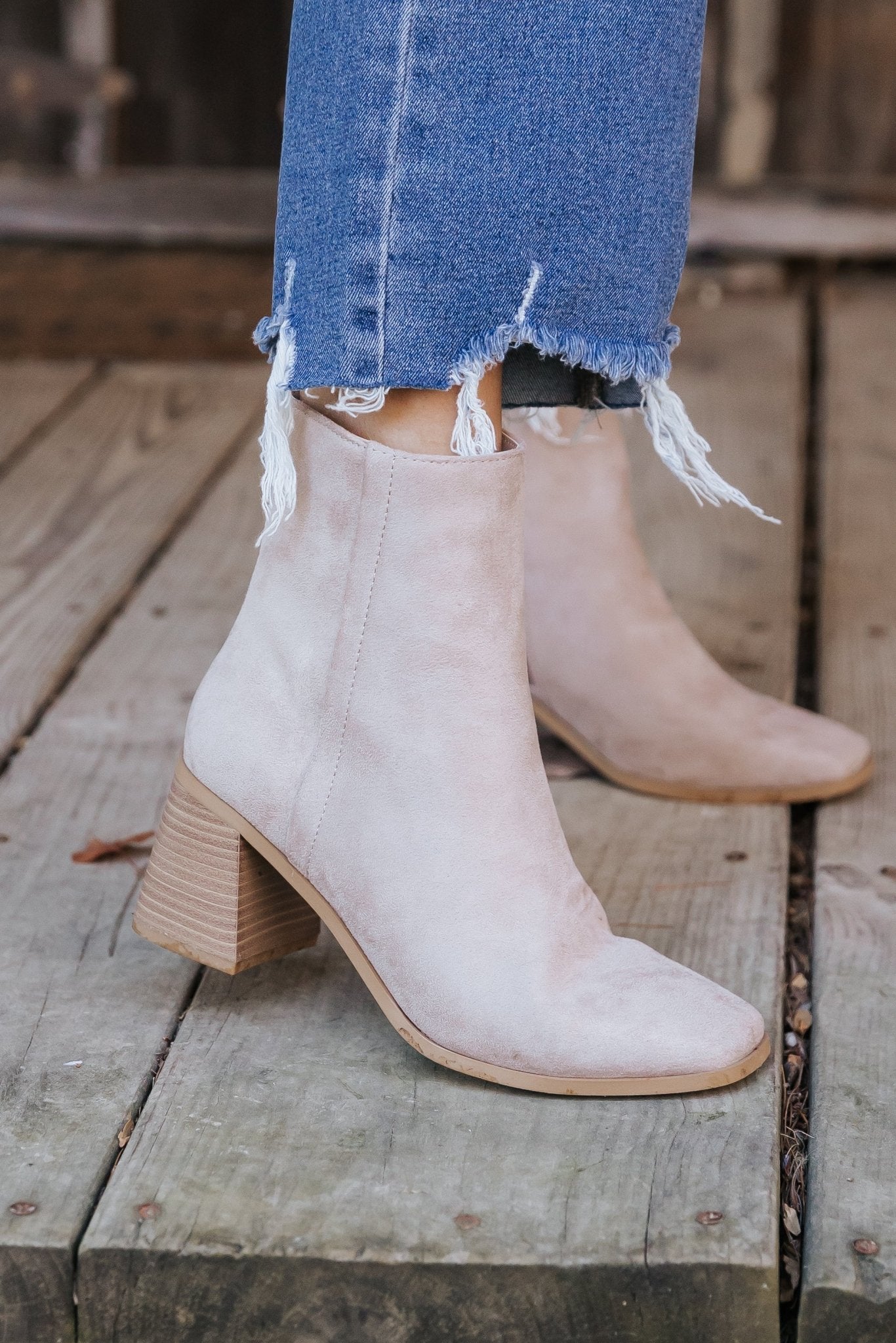 Beige Faux Suede Heeled Ankle Booties - FINAL SALE