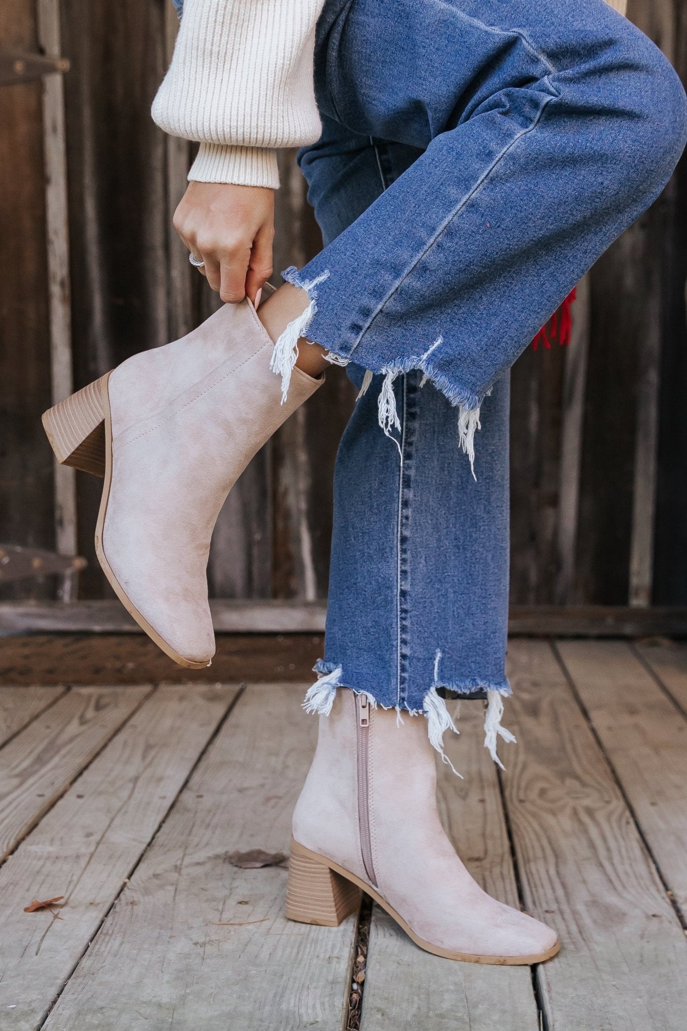 Beige Faux Suede Heeled Ankle Booties - FINAL SALE