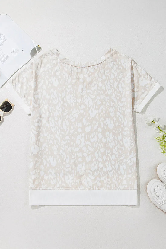 Leopard Print V Neck Side Slit Loose Fit T Shirt