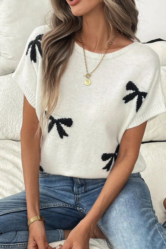 Bow Pattern Knit Short Sleeve Sweater