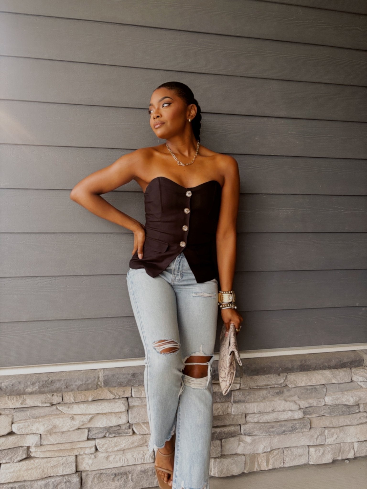 Black Button Front Tube Top