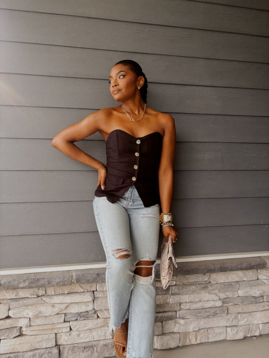 Black Button Front Tube Top