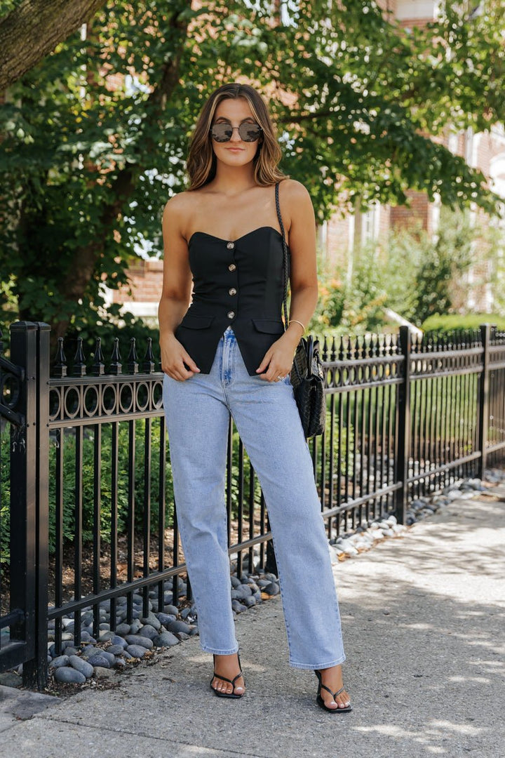 Black Button Front Tube Top