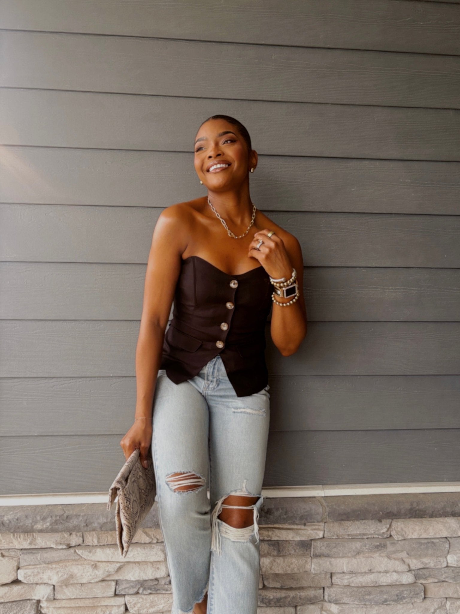Black Button Front Tube Top
