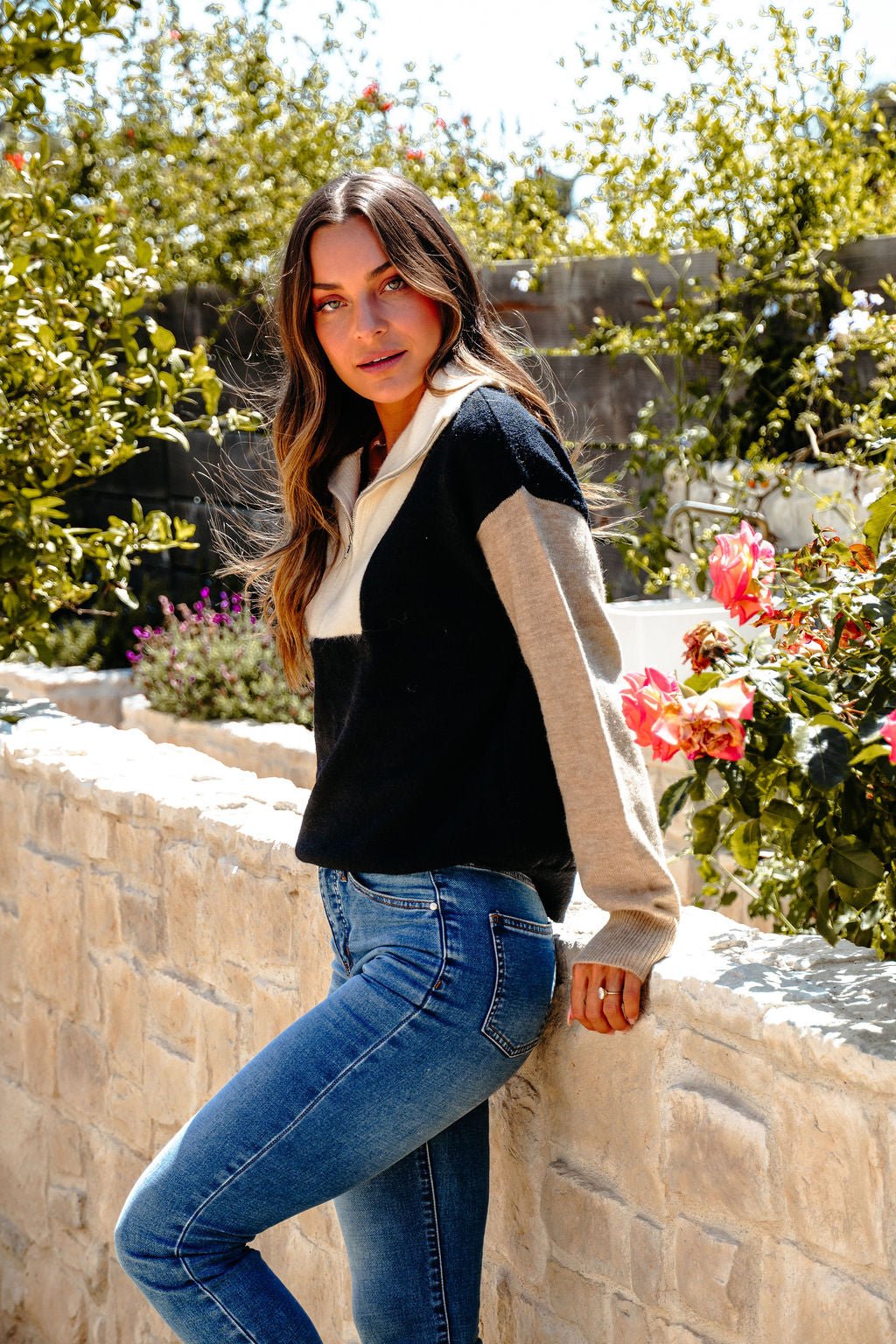 Black Color Block Half Zip Sweater