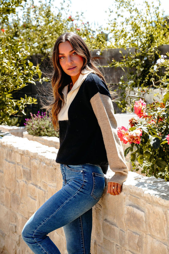 Black Color Block Half Zip Sweater