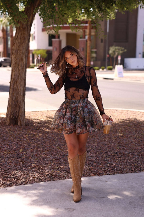 Black Sheer Lace Mock Neck Top