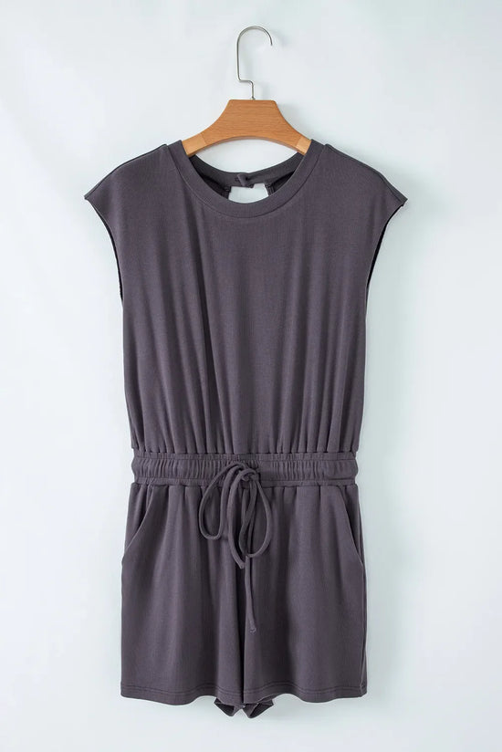 Knit Open Back Cap Sleeve Drawstring Romper