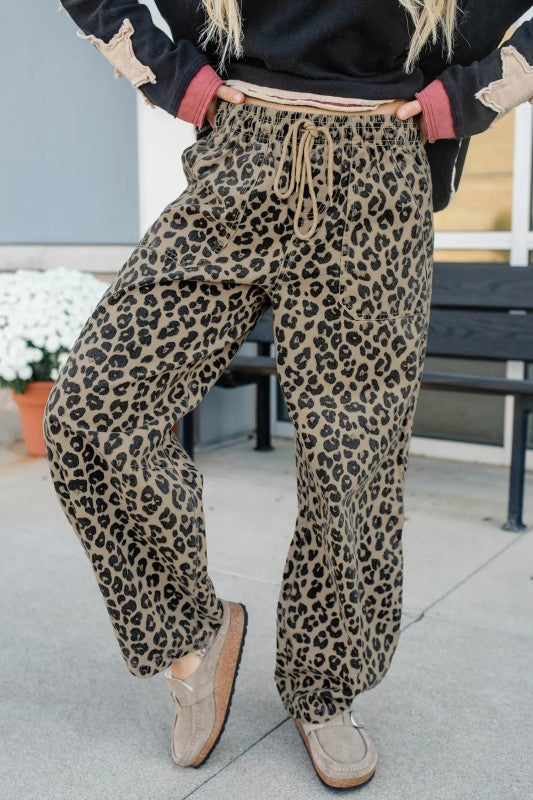 Leopard Denim Drawstring Elastic Waist Loose Pants