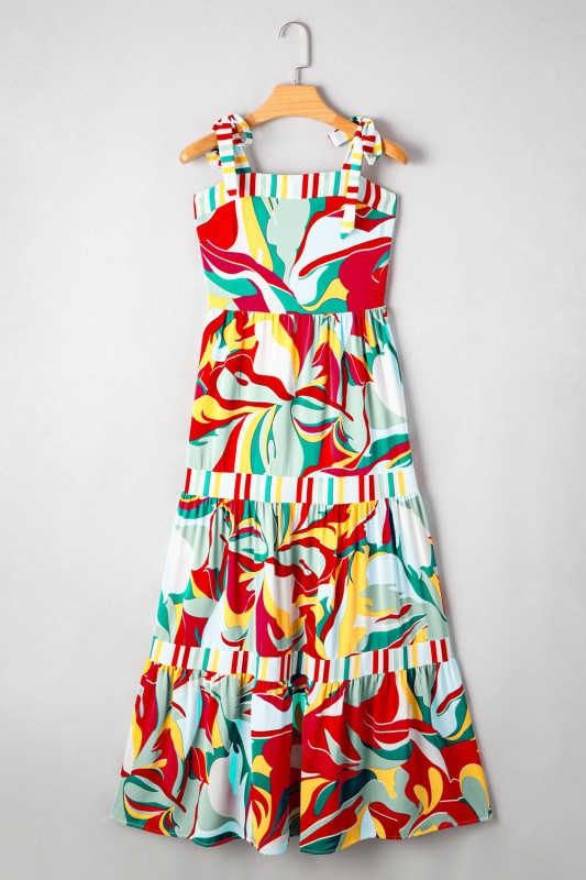 Abstract Stripe Patchwork Tie Strap Maxi Dress