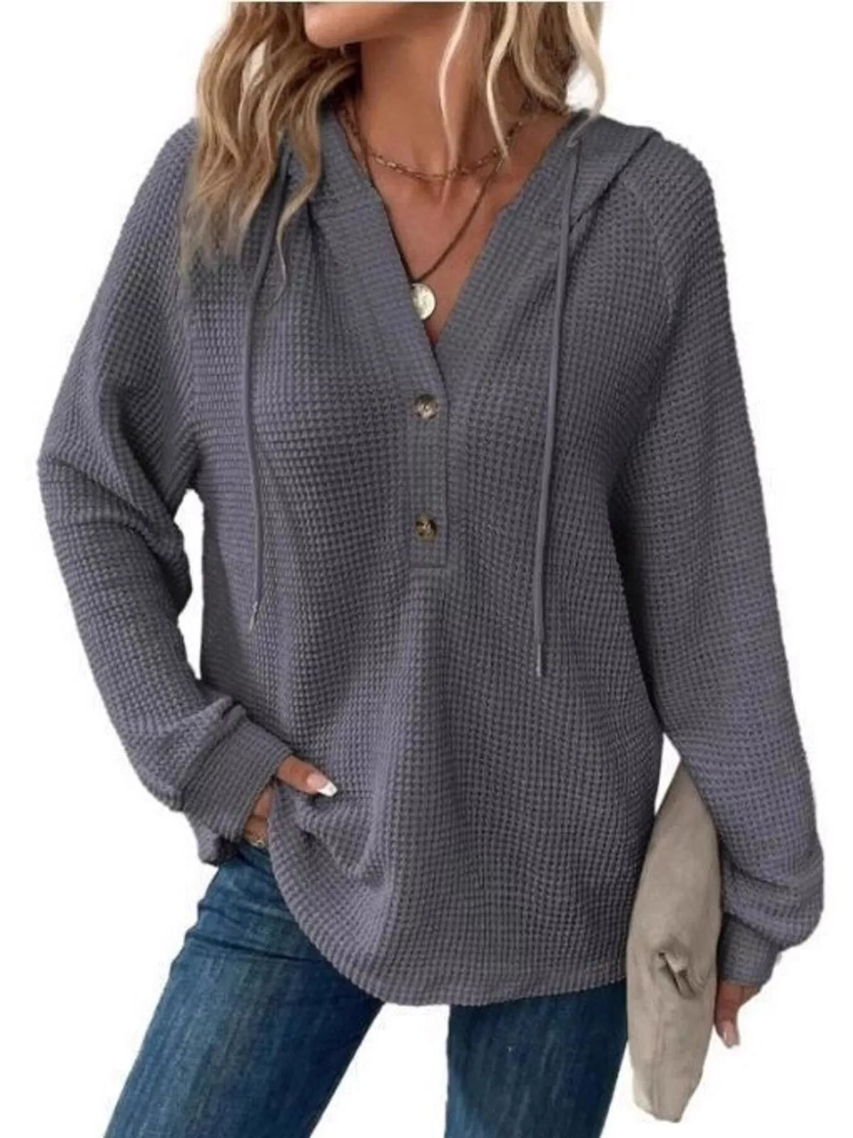 Full Size Waffle Knit Half-Button Hoodie Plus Size