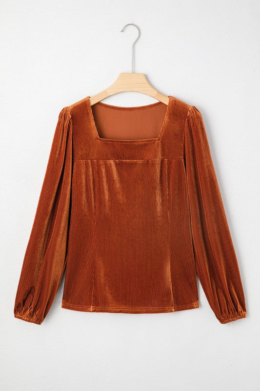 Velvet Ribbed Square Neck Puff Sleeve Top