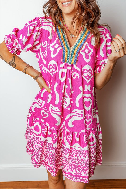 Boho Abstract Contrast Trim V-Neck Flared Dress