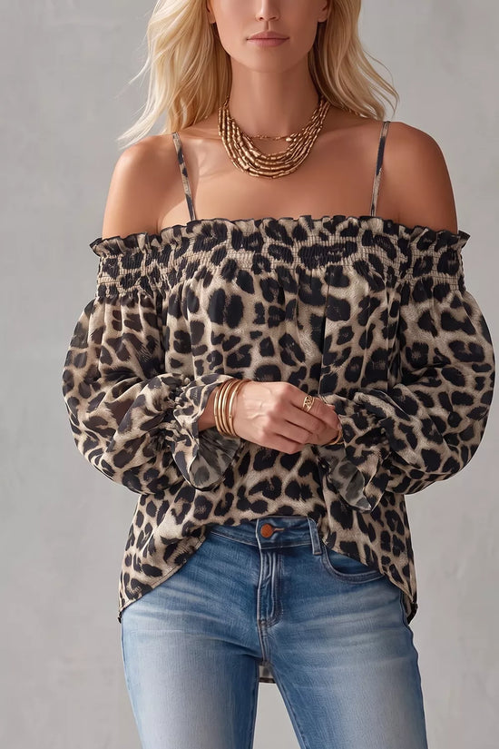 Spaghetti Strap Leopard Long Sleeve Blouse