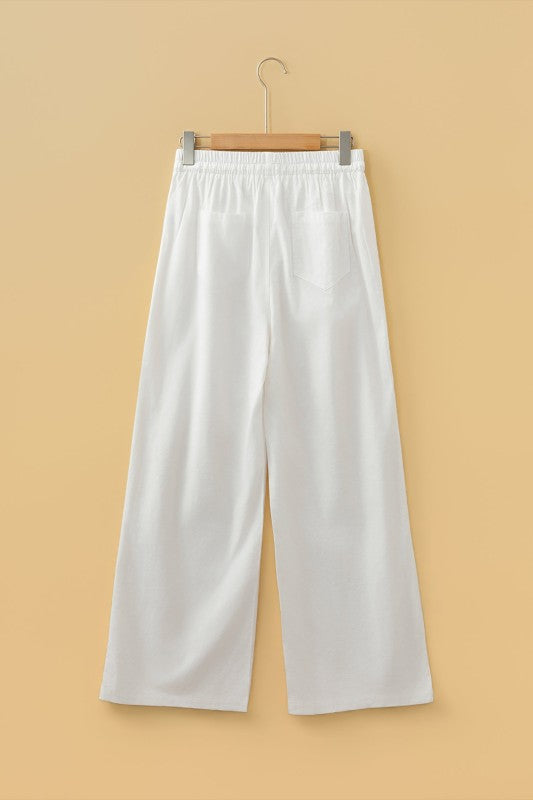 Solid Buttoned Waist Pleated Wide Leg Pants