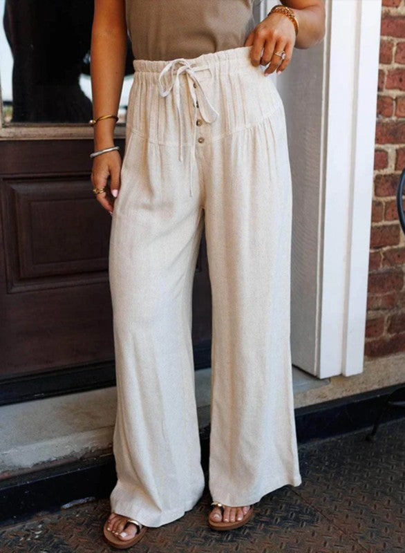 Solid Buttoned Waist Pleated Wide Leg Pants