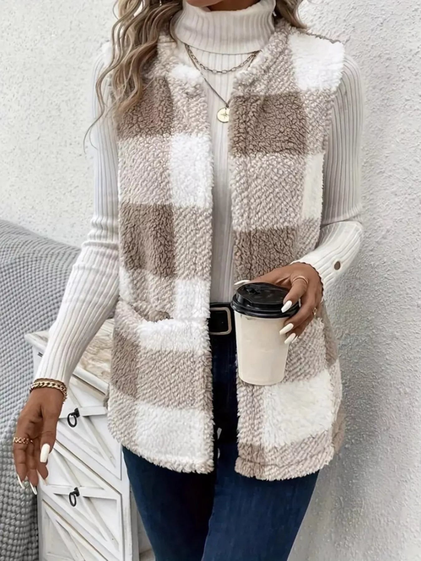 Cozy Plaid Sherpa Vest Coat