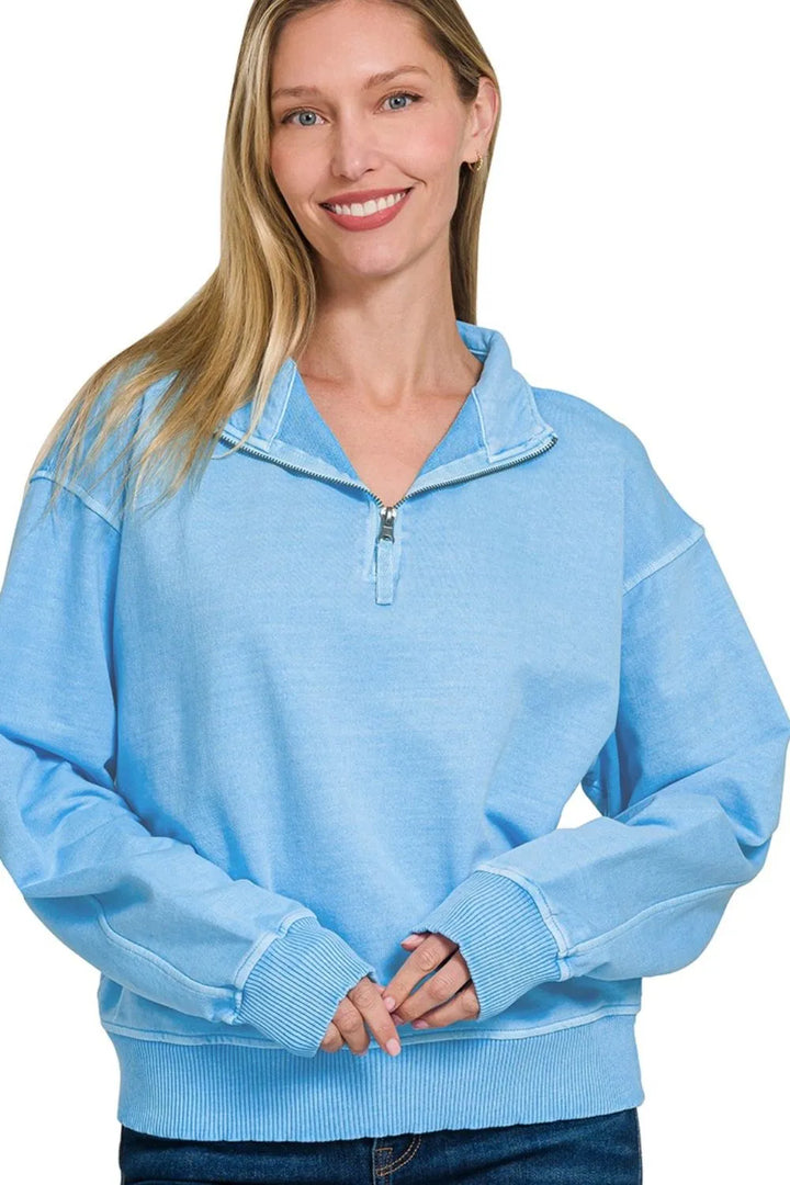 Zenana F/terry Pigment Dye & Enzyme Washing Half Zip Womens Top