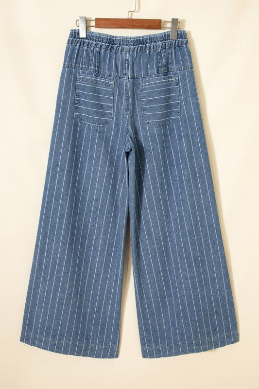 Stripe Buttoned High Waist Pleated Wide Leg Jeans