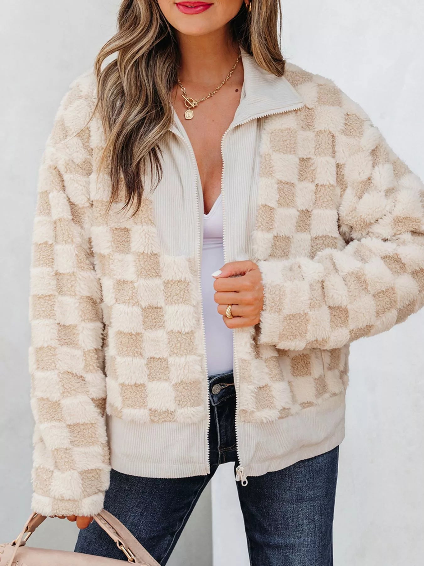 Checker Sherpa Corduroy Patchwork Zip Up Jacket