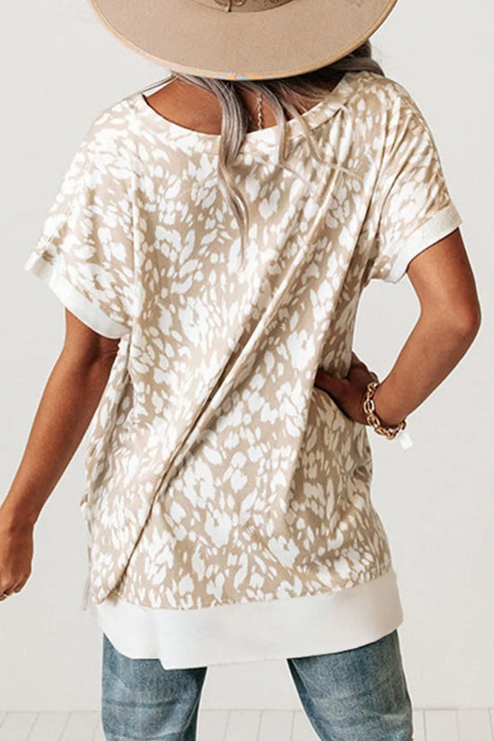 Leopard Print V Neck Side Slit Loose Fit T Shirt