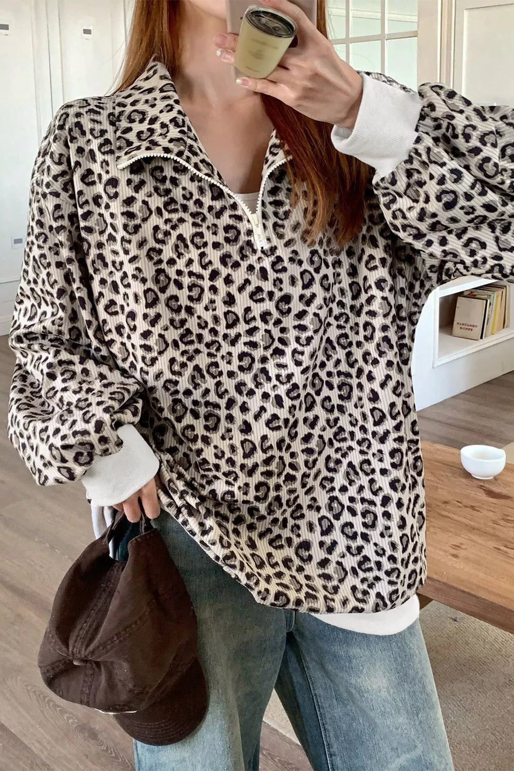 Leopard Print Quarter-Zip Sweatshirt