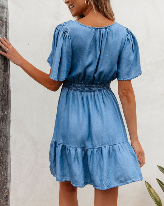 Chambray Split Neck Smocked Mini Dress
