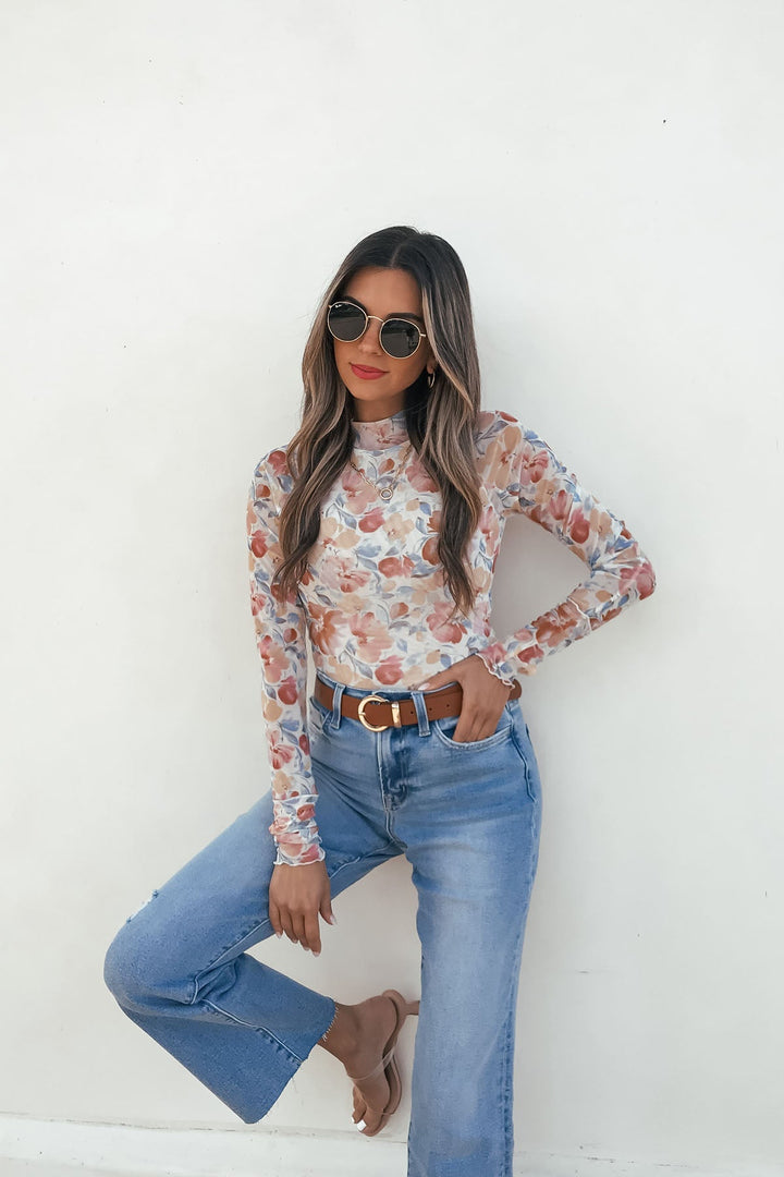 Cream Floral Mesh Top