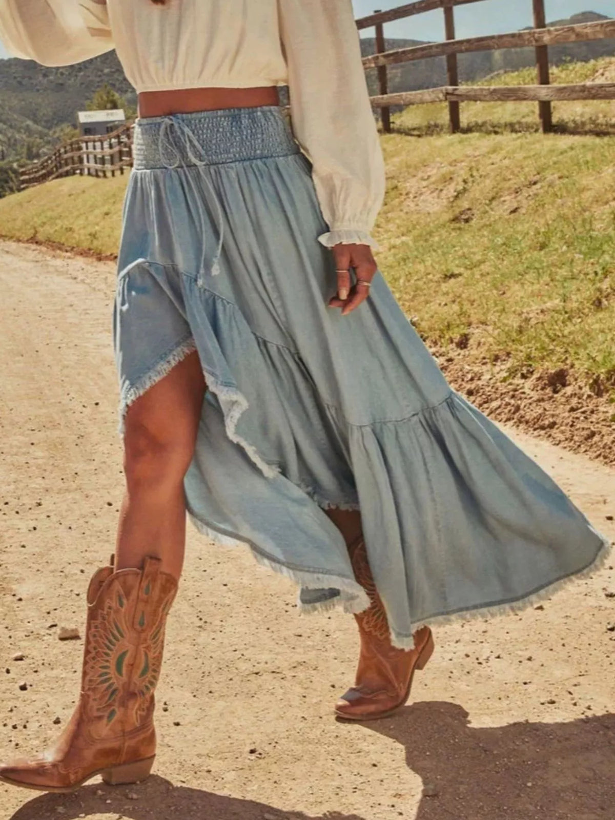 High-Low Frayed Hem Denim Skirt