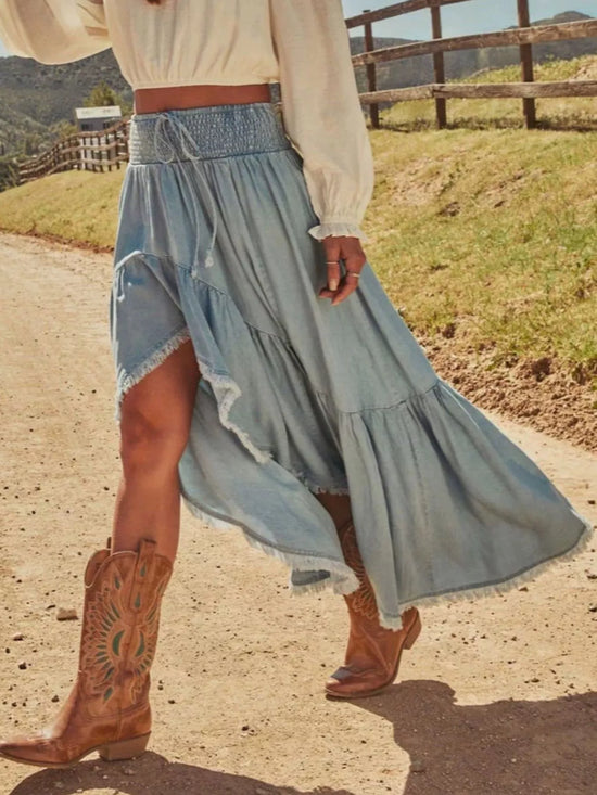 High-Low Frayed Hem Denim Skirt
