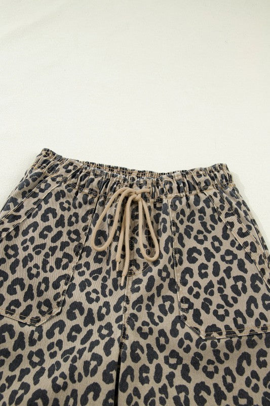 Leopard Denim Drawstring Elastic Waist Loose Pants